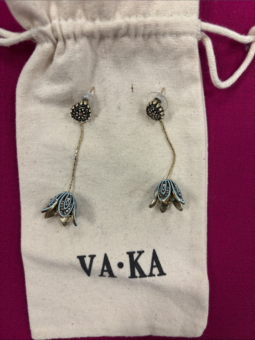 VAKA Blue and Gold Floral Drop Earrings